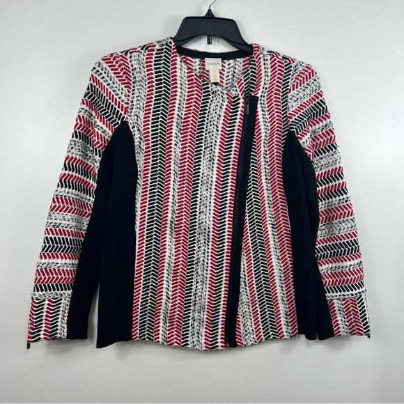 Chico's Striped Asymmetrical Zip Moto Jacket Med Mixed Woven Ribbed Knit Fall - Picture 8 of 10